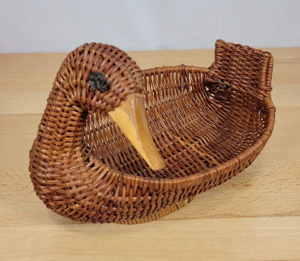 Vintage Wicker Duck Basket Woven Rattan Wood Decor Bird Cottagecore